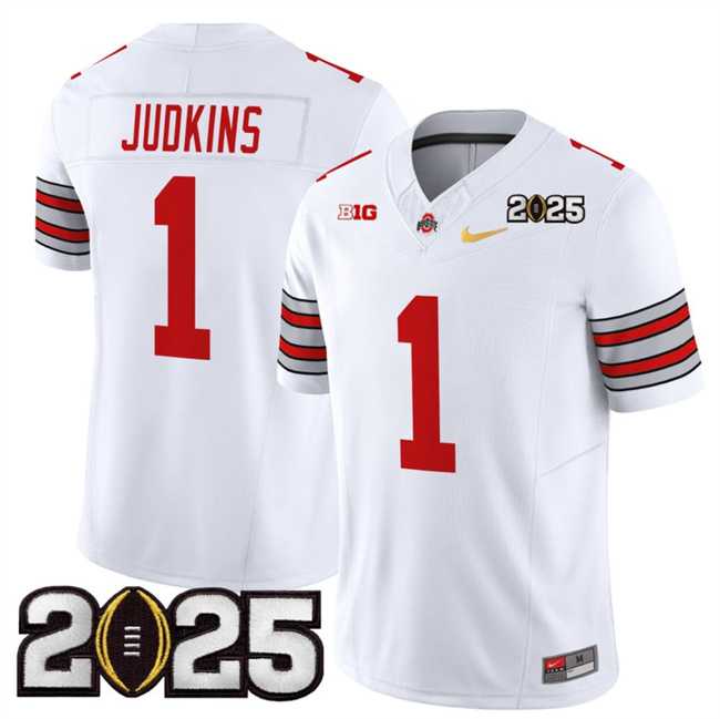 Mens Ohio State Buckeyes #1 Quinshon Judkins White Gold 2025 CFP Final Patch F.U.S.E. Vapor Limited Stitched Football Jersey
